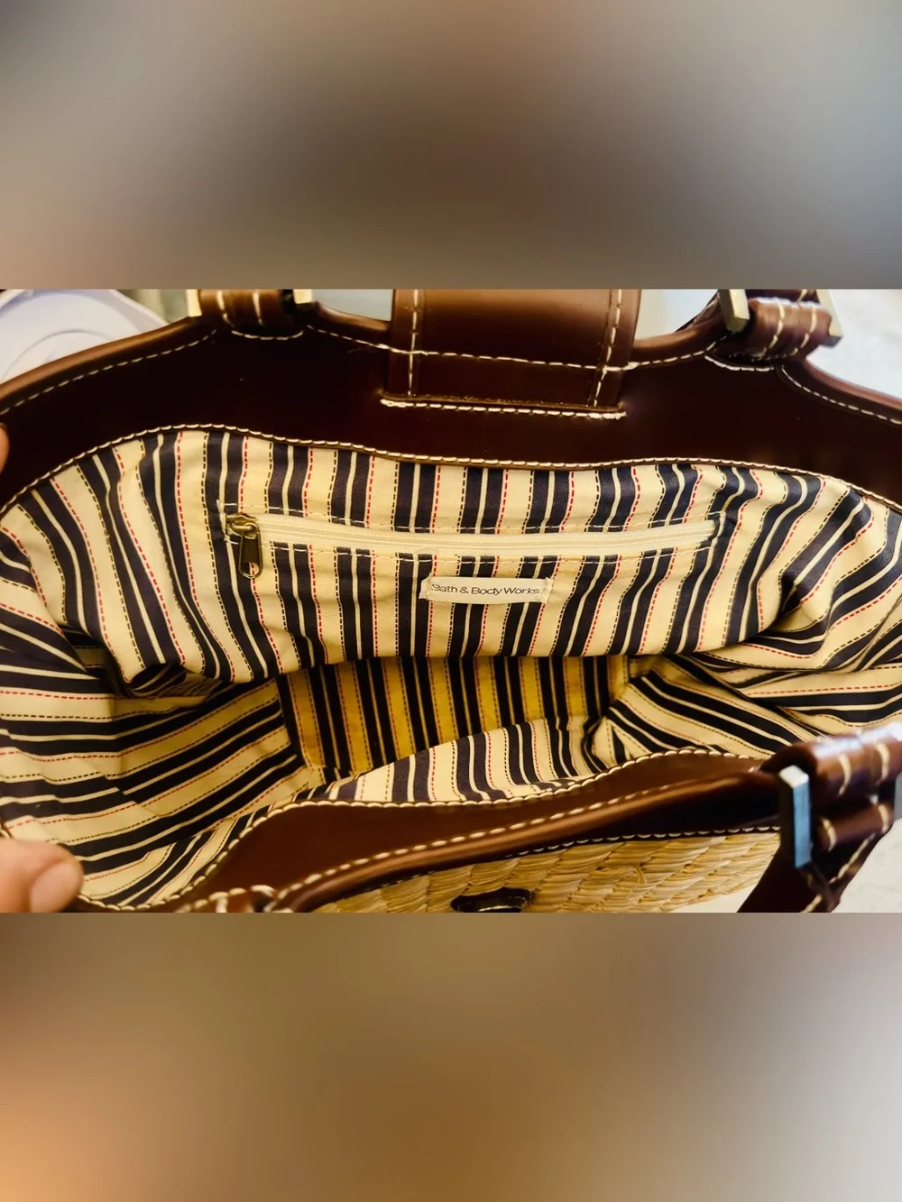 Woven Straw Tote with Brown Leather Trim